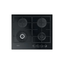 Whirlpool GOFL629/NB1 beépíthető fekete edzett üveg gázlap,   59 cm, BrushedBlackSteel - fekete szálcsiszolt fém gombsor, 3 gázégő + 1 speciális WOK égő , automata szikragyújtás,  csiszolt szegélyű, peremmentes kivitel, Multistep flame 9 fokozatú lángszab