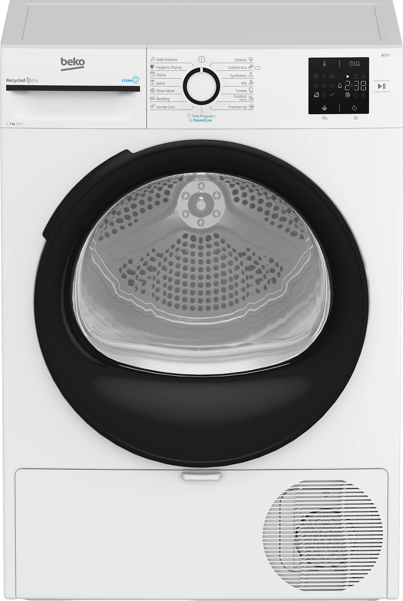 Beko BM3T37239WB szabadonálló hőszivattyús szárítógép, 7 kg, A++, Steam Cure funkció, FreshCaps, 54 cm mély